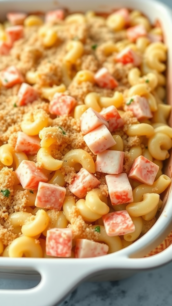 A close-up of a baked lobster mac and cheese with a breadcrumb topping and chunks of lobster