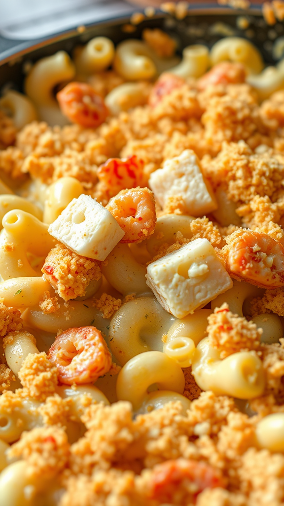 A close-up of Lobster Mac and Cheese with macaroni, lobster pieces, and a crunchy topping.