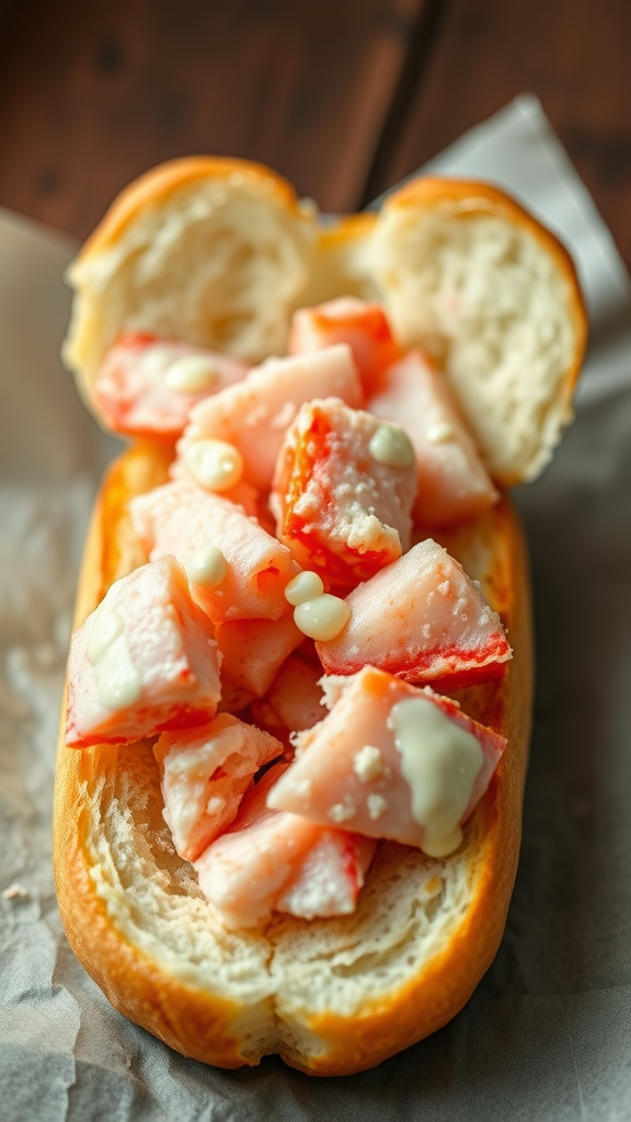 A lobster roll filled with chopped lobster meat and drizzled with mayonnaise, served in a soft bun.