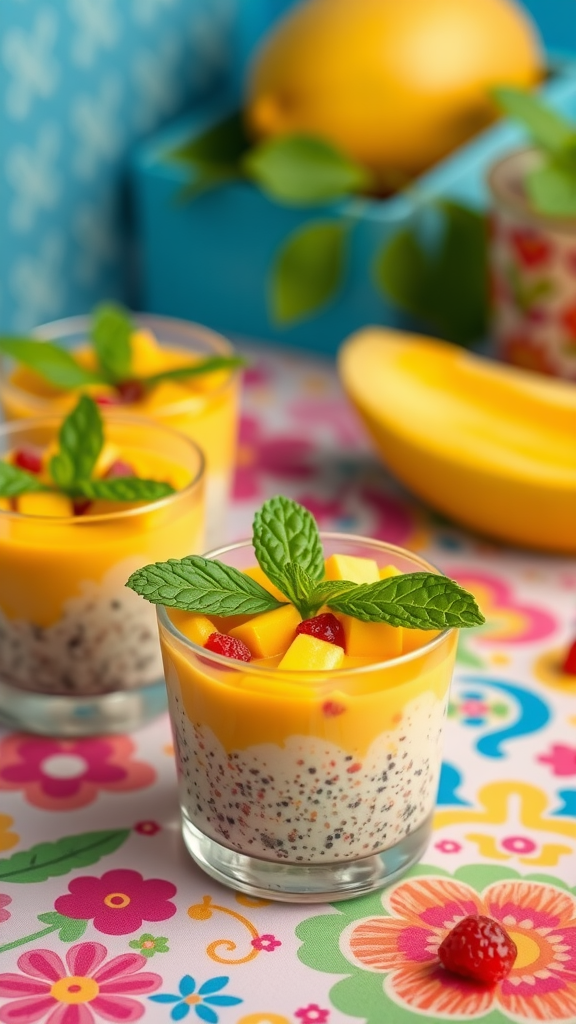 Colorful mango coconut chia pudding served in glass cups topped with mint and raspberries on a floral tablecloth.
