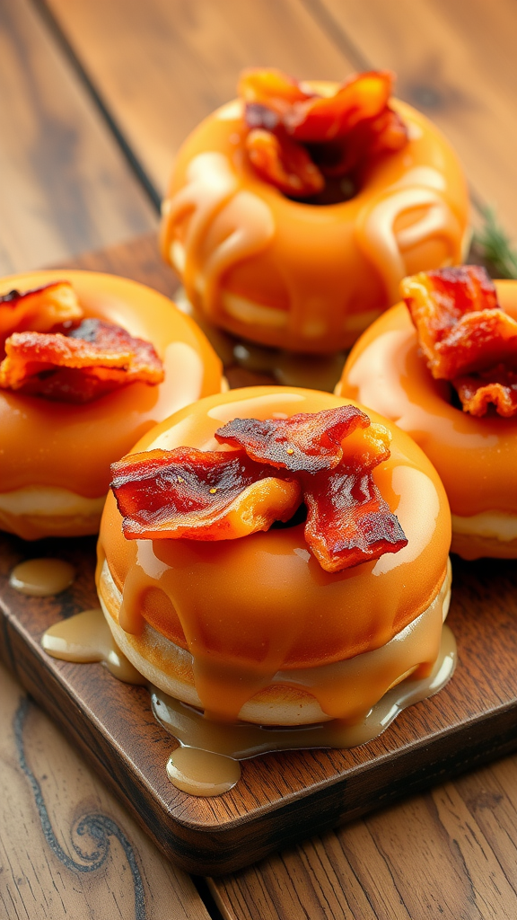 Maple bacon doughnuts with a shiny glaze and crispy bacon on top, displayed on a wooden board.