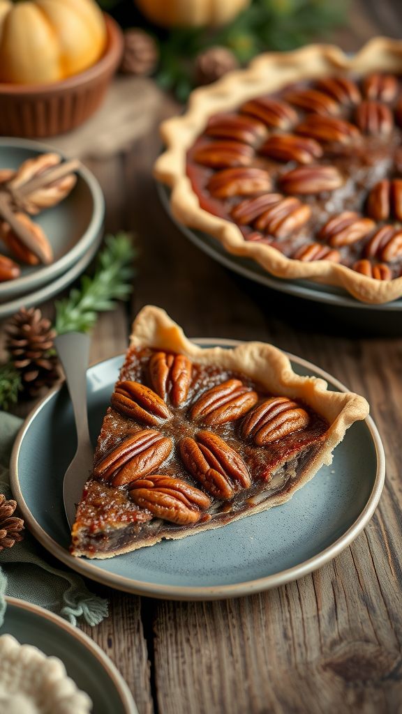 A slice of maple pecan pie on a plate, surrounded by decorative elements like pinecones and pumpkins.