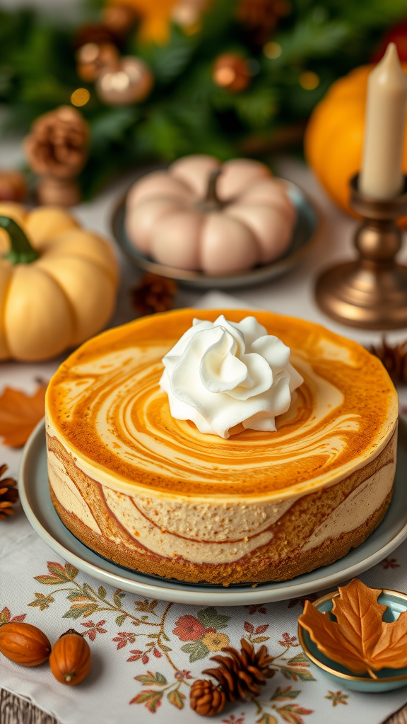 A beautifully decorated marbled pumpkin cheesecake with whipped cream on top, surrounded by autumn-themed decorations.