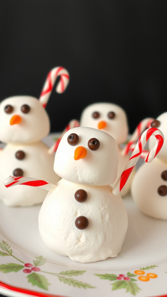 Plate of marshmallow snowman treats with candy canes and chocolate buttons.