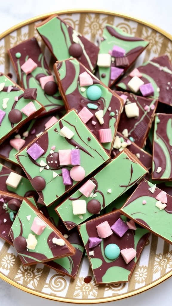 A plate of colorful Matcha Mint Chocolate Bark pieces topped with various candies.