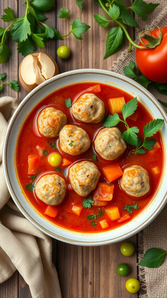 Bowl of meatball soup with vegetables and herbs