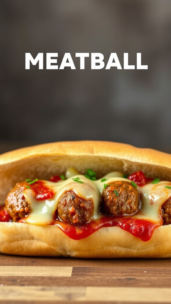 A close-up image of a meatball sub sandwich with three meatballs, marinara sauce, and melted cheese.