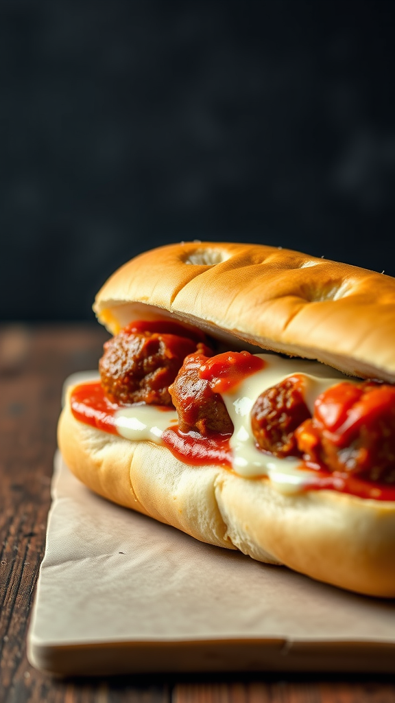 A close-up of a meatball sub with marinara sauce and cheese in a toasted bun.