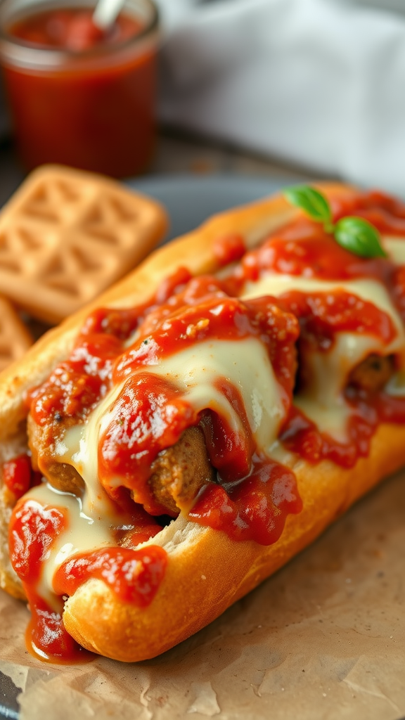 Delicious meatball sub with marinara sauce and melted cheese