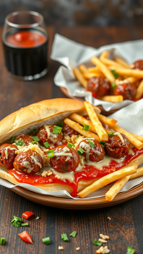 A delicious plate of meatball sub with garlic parmesan fries, served with a drink