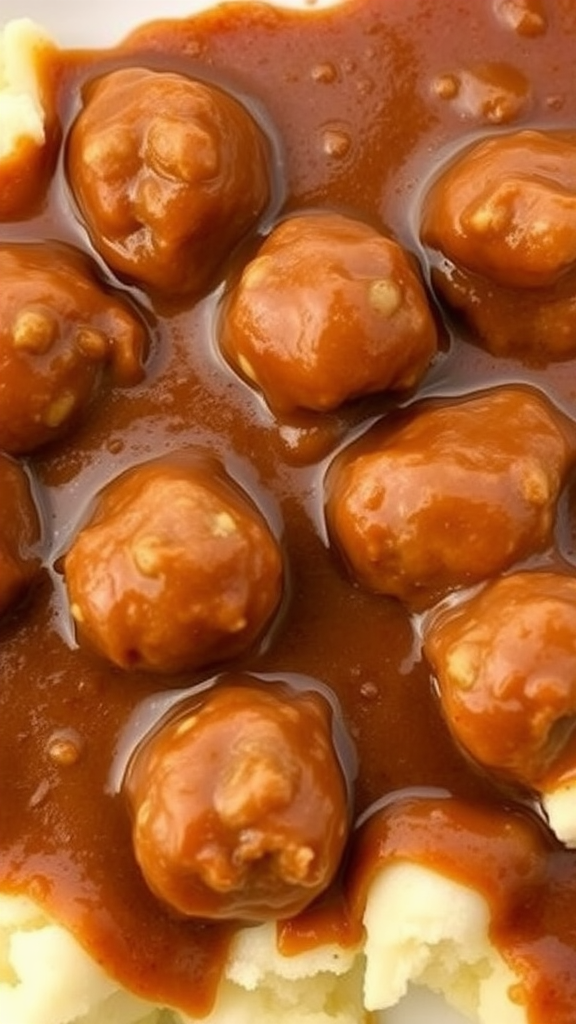 A plate of meatballs in gravy over mashed potatoes