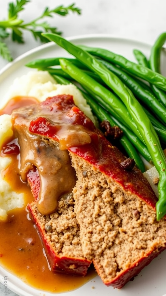 Delicious turkey meatloaf with gravy, served with mashed potatoes and green beans