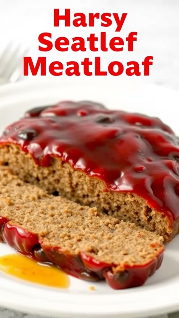 A delicious meatloaf topped with a glossy sauce, showcasing a slice taken out to reveal its tender texture.