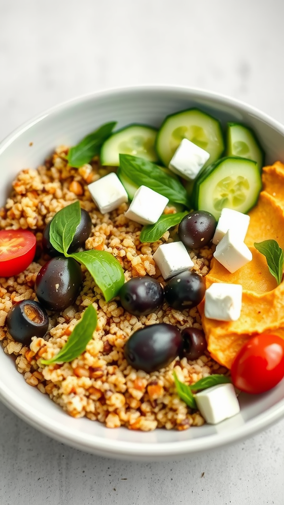 A colorful Mediterranean grain bowl with bulgur, cucumbers, olives, cherry tomatoes, feta cheese, and basil.