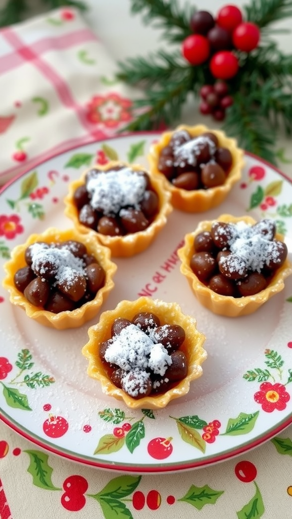 Plate of mincemeat tarts with powdered sugar, decorated for the holidays