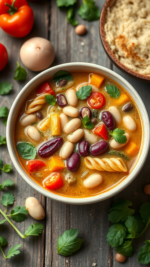 A bowl of colorful minestrone soup with beans, pasta, and fresh herbs, surrounded by vegetables.