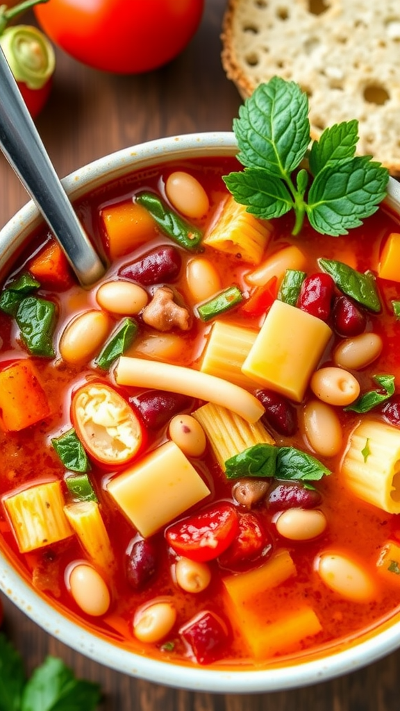A bowl of minestrone soup filled with vegetables, beans, and pasta, garnished with fresh herbs.