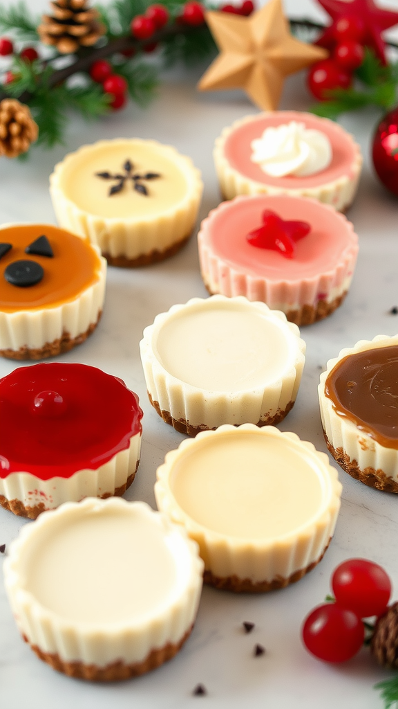 A variety of mini no bake cheesecakes with colorful toppings arranged on a marble surface, decorated with holiday-themed items.