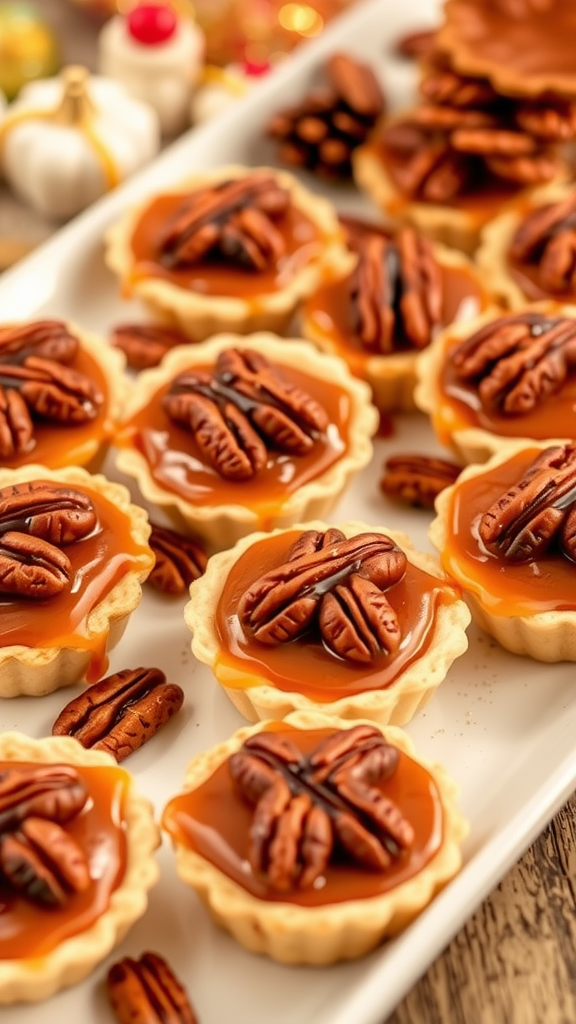 A plate of mini pecan tarts topped with whole pecans and a shiny glaze.