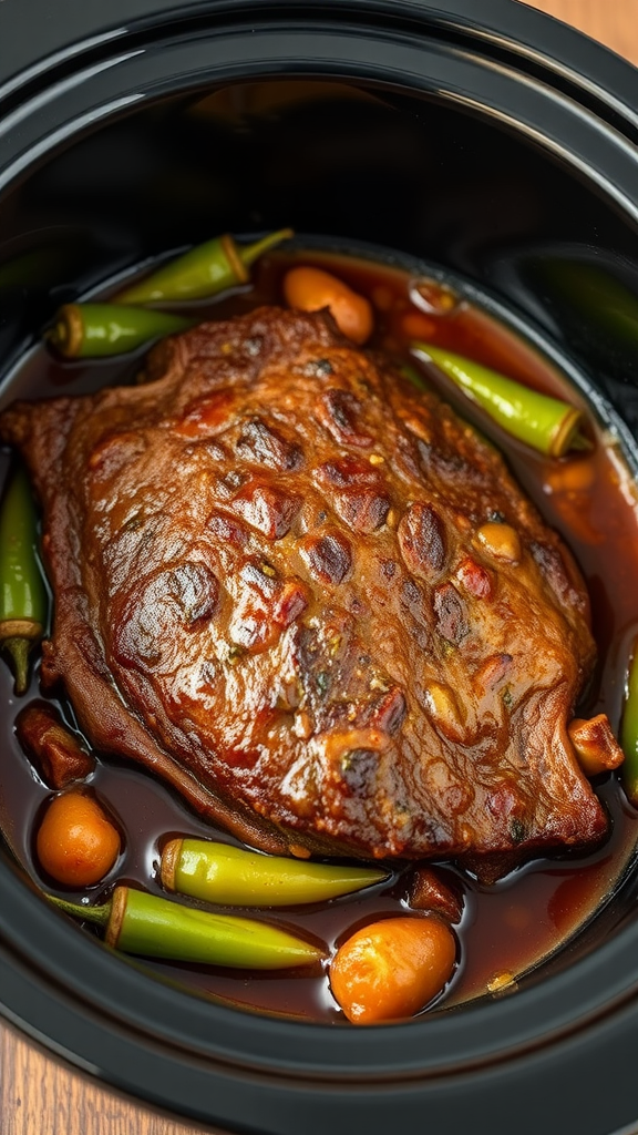 Crockpot with Mississippi Pot Roast surrounded by green beans and carrots.