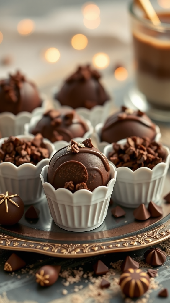 A plate of mocha truffle cups with chocolate decorations and a glass of coffee