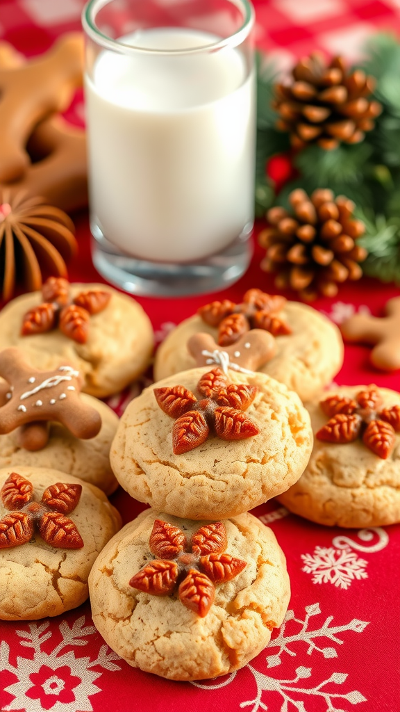 A close-up of molasses cookies with sugared ginger, a glass of milk beside them, and festive decorations in the background.