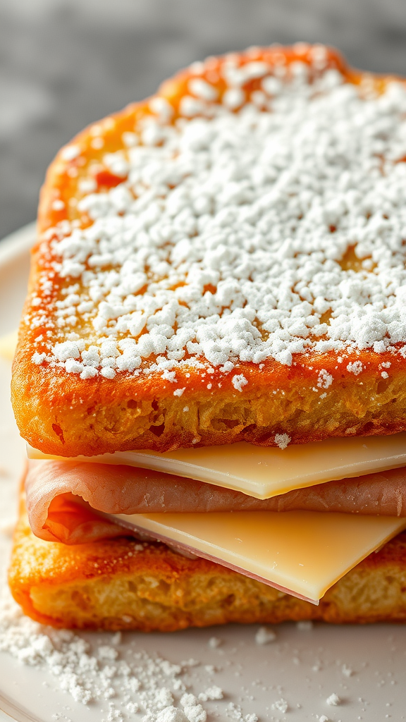 A Monte Cristo sandwich topped with powdered sugar, showcasing layers of ham and cheese.