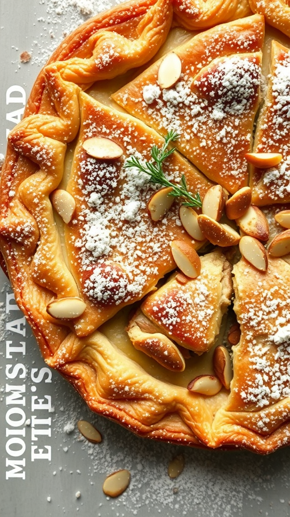 A beautifully arranged Moroccan Bstilla Chicken Pie topped with powdered sugar and almonds