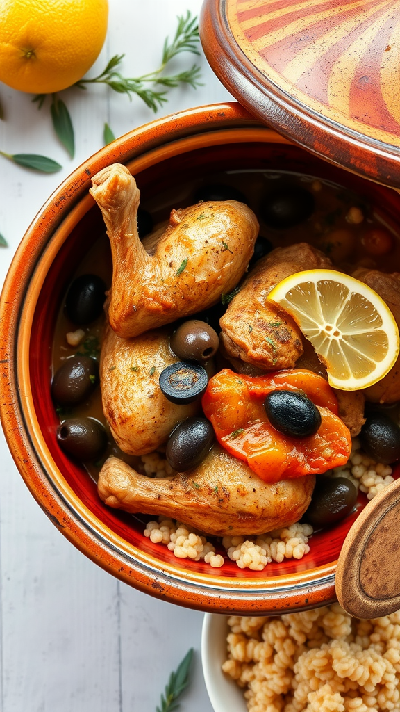 A beautifully arranged Moroccan Chicken Tagine with olives and lemon slices, served in a traditional tagine pot.