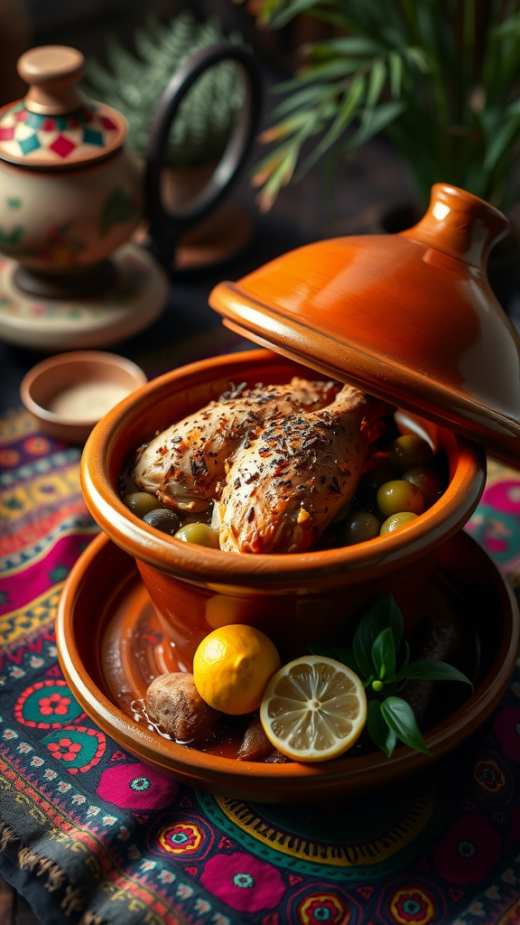 A Moroccan Chicken Tagine served in a traditional tagine pot on a colorful tablecloth