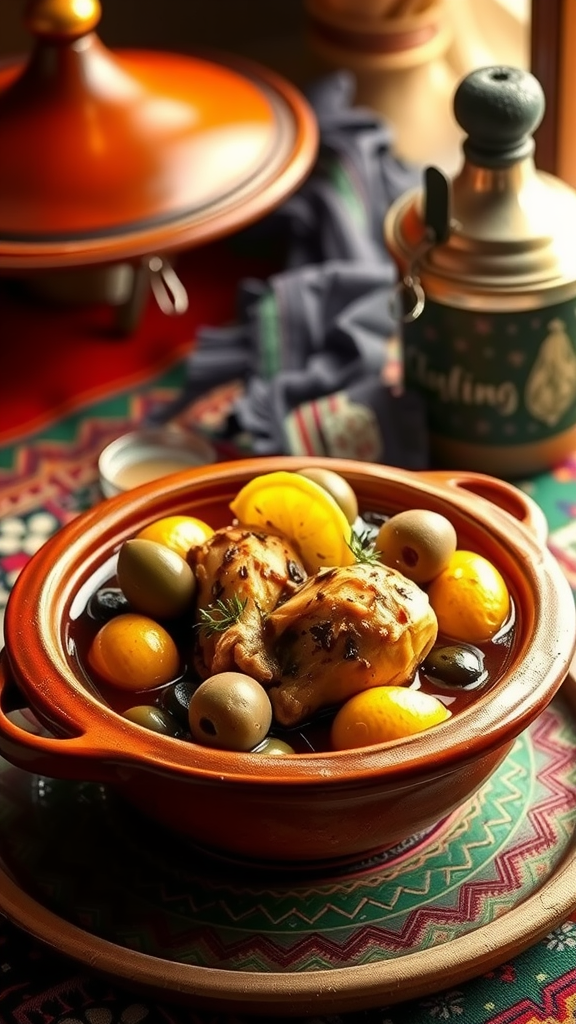 A vibrant Moroccan Chicken Tagine in a traditional pot, surrounded by olives and yellow tomatoes.