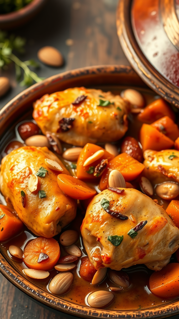 A delicious serving of Moroccan Chicken Tagine with chicken, carrots, and almonds in a rich sauce.