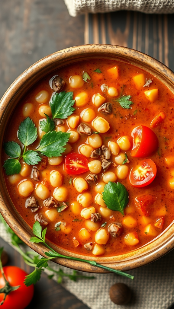 A bowl of Moroccan Harira Soup with chickpeas, lentils, and fresh herbs.