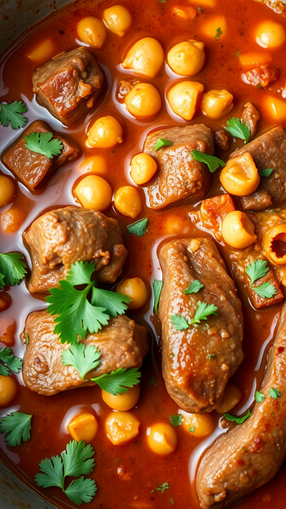 A close-up of Moroccan Lamb Stew with chickpeas and herbs in a rich sauce.