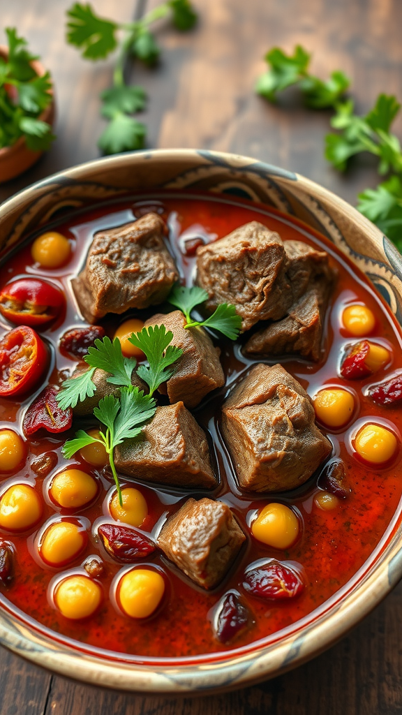 A bowl of Moroccan lamb stew with chunks of meat, yellow ingredients, and cilantro on top.
