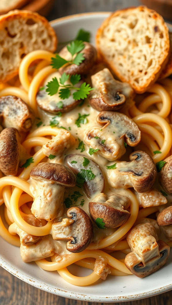 A bowl of creamy mushroom chicken pasta topped with fresh herbs and served with bread on the side.