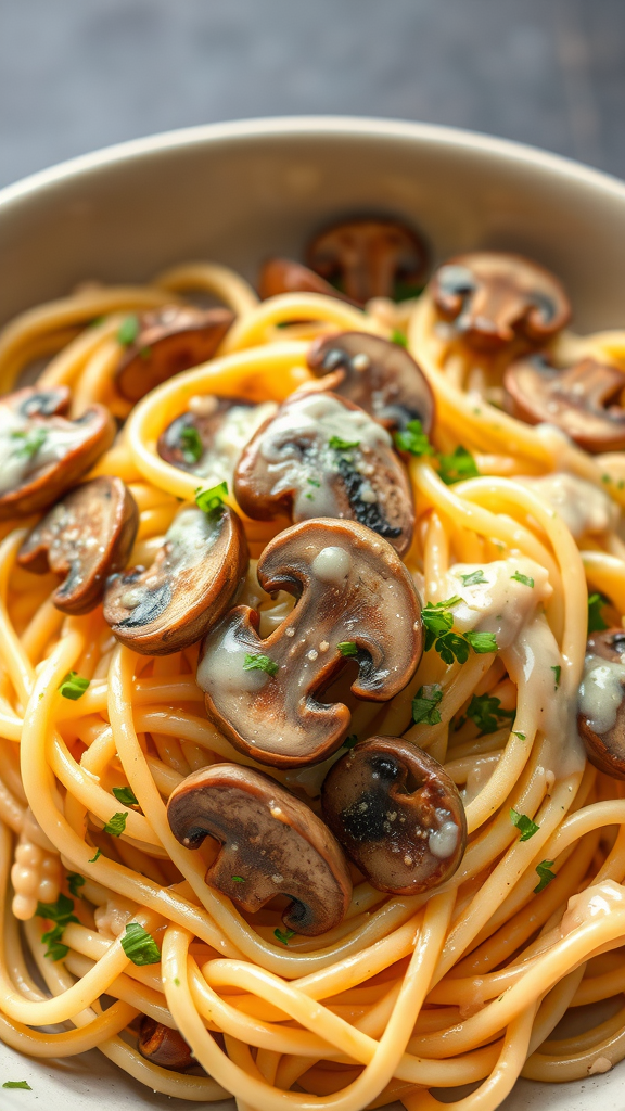 A bowl of spaghetti topped with sautéed mushrooms and herbs