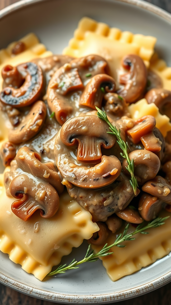 Plate of mushroom ravioli topped with a creamy mushroom sauce and garnished with thyme