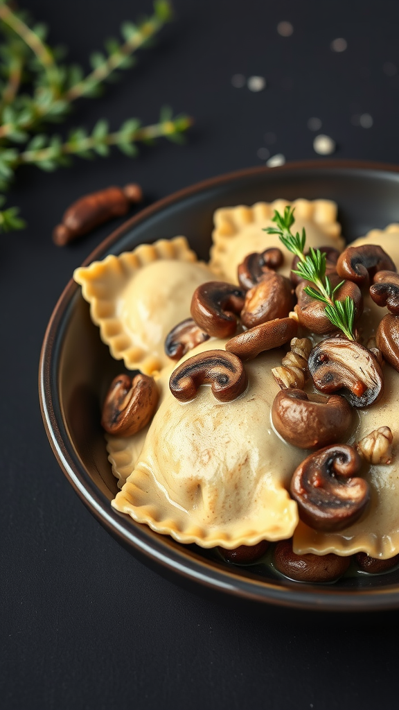 A bowl of mushroom ravioli topped with sautéed mushrooms and herbs.
