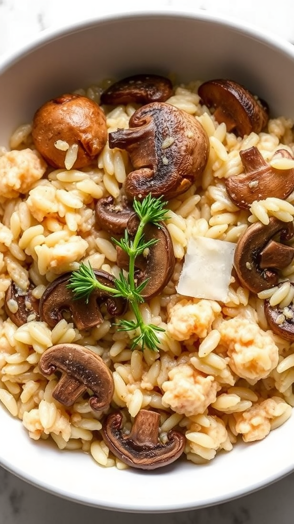 Bowl of creamy mushroom risotto with various mushrooms and garnished with fresh herbs.