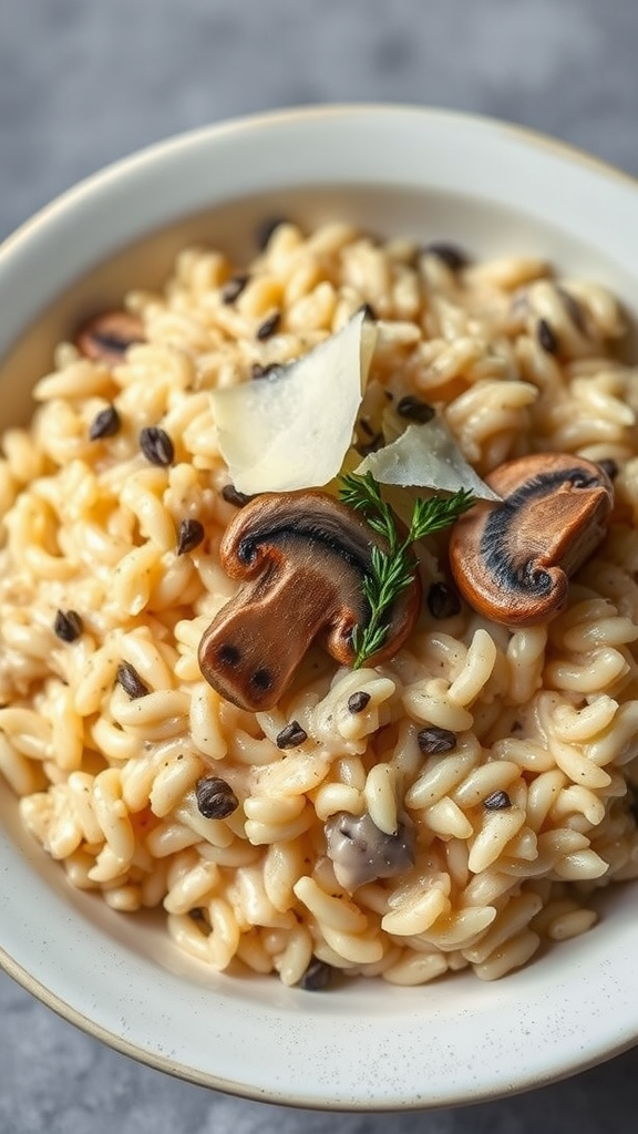 A bowl of creamy mushroom risotto garnished with mushroom slices and herbs