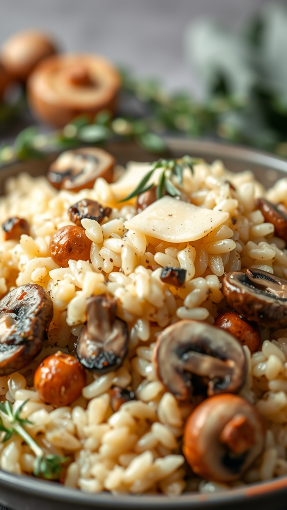 A bowl of creamy mushroom risotto with herbs and cheese