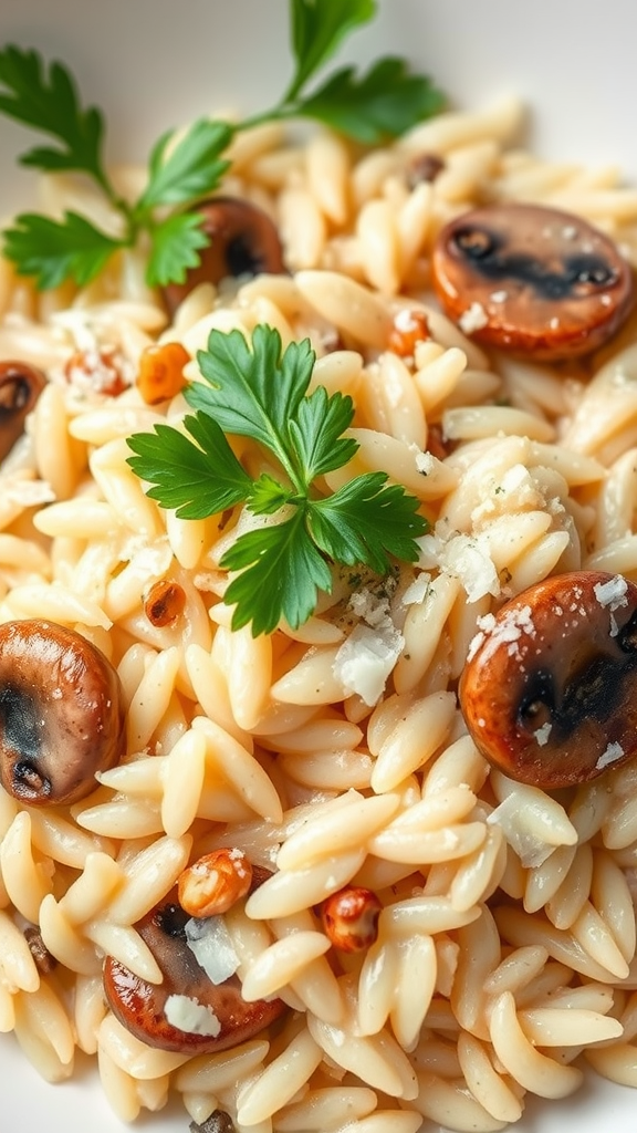 A bowl of creamy mushroom risotto with orzo pasta garnished with fresh herbs.