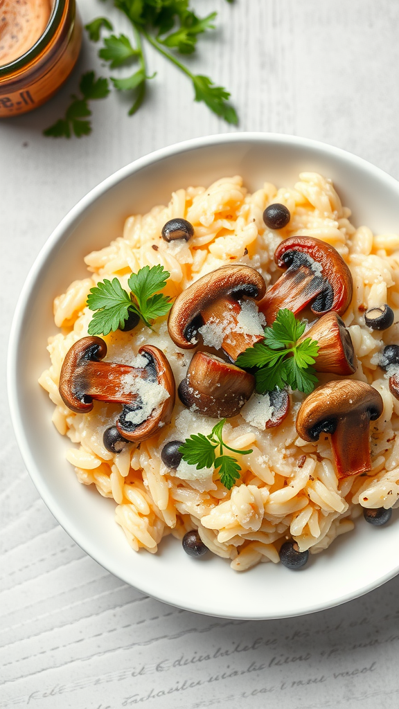 A bowl of mushroom risotto topped with mushrooms and parsley