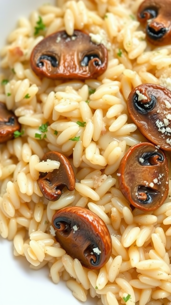 A plate of creamy mushroom risotto with orzo pasta and sliced mushrooms
