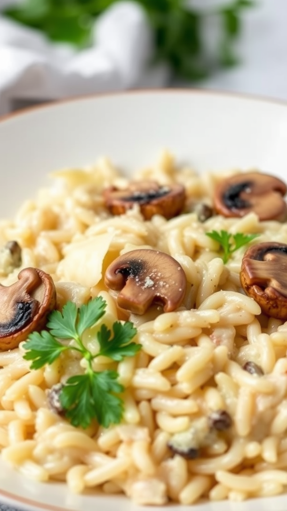 A plate of creamy mushroom risotto topped with sautéed mushrooms and parsley.