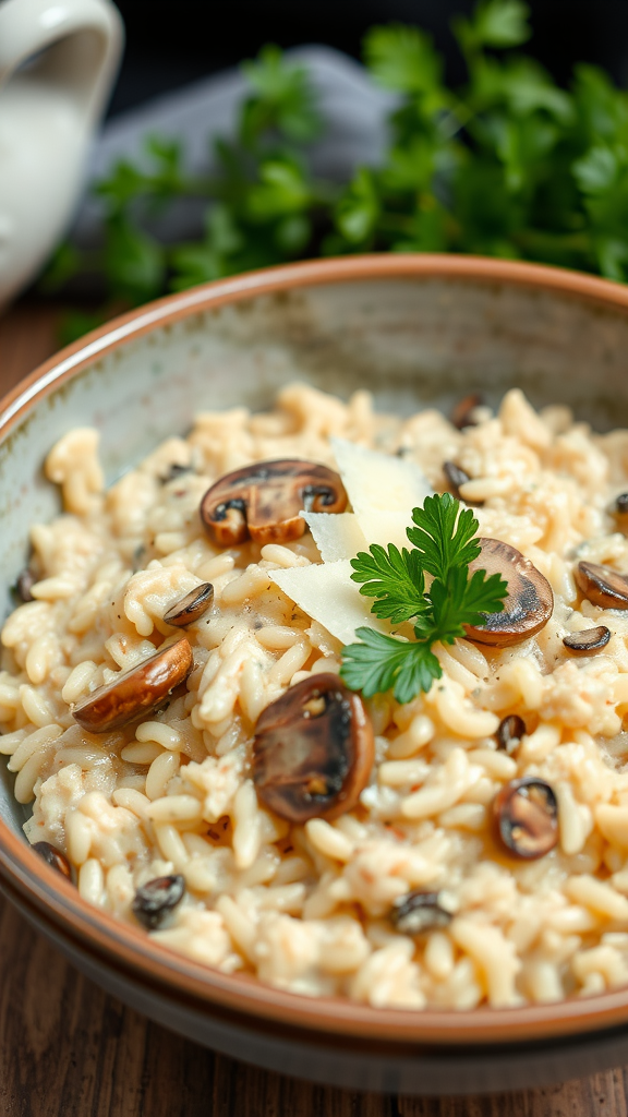 A bowl of creamy mushroom risotto topped with mushrooms and a sprig of parsley.