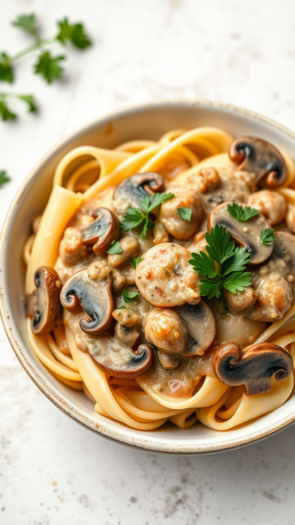 A bowl of creamy Mushroom Stroganoff with pasta and mushrooms, garnished with parsley.