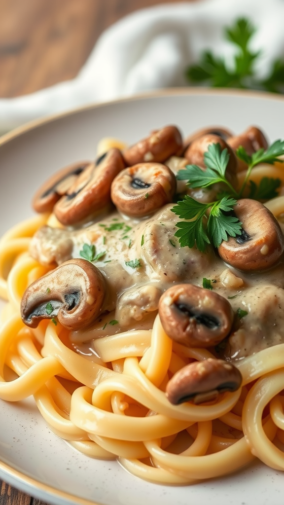 A plate of creamy mushroom stroganoff served over pasta, garnished with parsley.