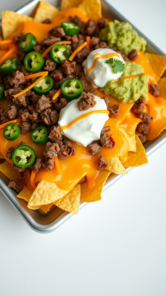 A delicious plate of nachos topped with beef, jalapeños, cheese, sour cream, and guacamole.